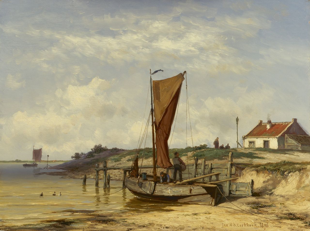 Koekkoek J.H.B. | Johannes Hermanus Barend 'Jan H.B.' Koekkoek, Het uitladen van de vangst, olieverf op paneel 32,0 x 42,2 cm, gesigneerd rechtsonder en gedateerd 1896 Koekkoek J.H.B. | Johannes Hermanus Barend 'Jan H.B.' Koekkoek, Het uitladen van de vangst, olieverf op paneel 32,0 x 42,2 cm, gesigneerd rechtsonder en gedateerd 1896