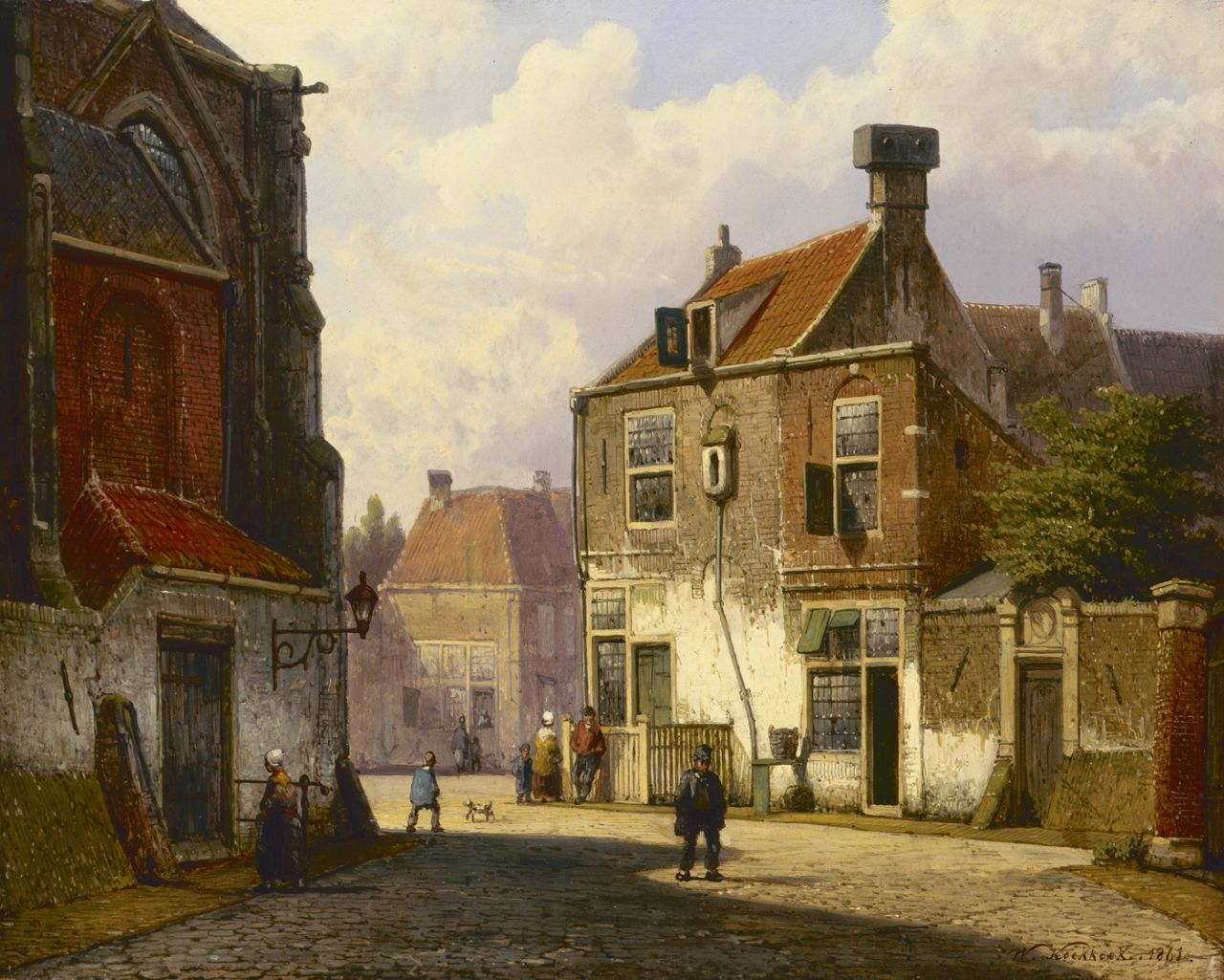 Koekkoek W. | Willem Koekkoek, Oudhollands straatje, olieverf op paneel 28,6 x 35,7 cm, gesigneerd rechtsonder en gedateerd 1861 Koekkoek W. | Willem Koekkoek, Oudhollands straatje, olieverf op paneel 28,6 x 35,7 cm, gesigneerd rechtsonder en gedateerd 1861
