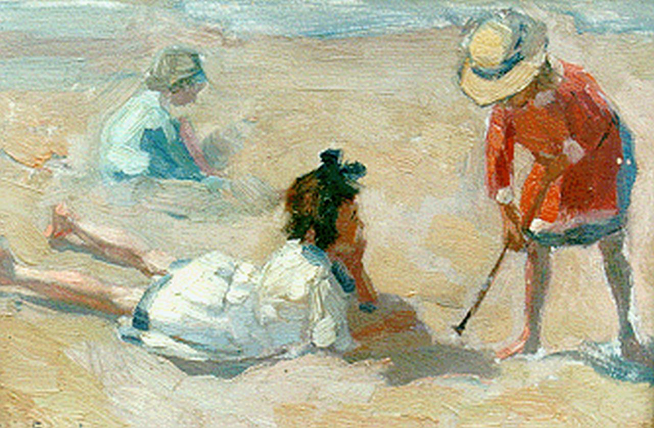 Soonius L. | Lodewijk 'Louis' Soonius, Spelende kinderen op het strand, olieverf op paneel 18,0 x 25,4 cm, gesigneerd linksonder en gedateerd 1918 Soonius L. | Lodewijk 'Louis' Soonius, Spelende kinderen op het strand, olieverf op paneel 18,0 x 25,4 cm, gesigneerd linksonder en gedateerd 1918