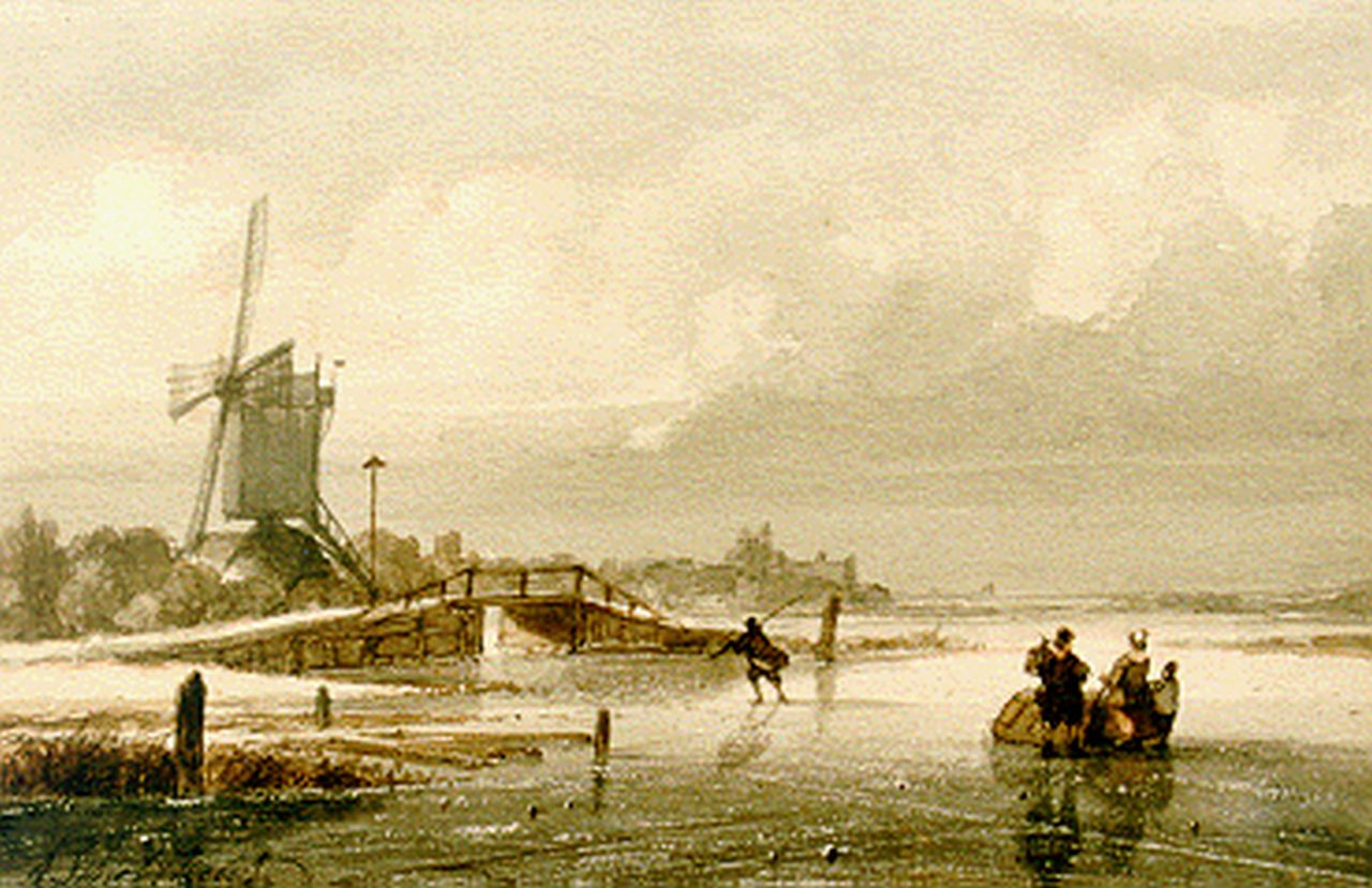 Schelfhout A. | Andreas Schelfhout, IJsgezicht met schaatsers en molen, gemengde techniek op papier 13,6 x 20,8 cm, gesigneerd linksonder Schelfhout A. | Andreas Schelfhout, IJsgezicht met schaatsers en molen, gemengde techniek op papier 13,6 x 20,8 cm, gesigneerd linksonder