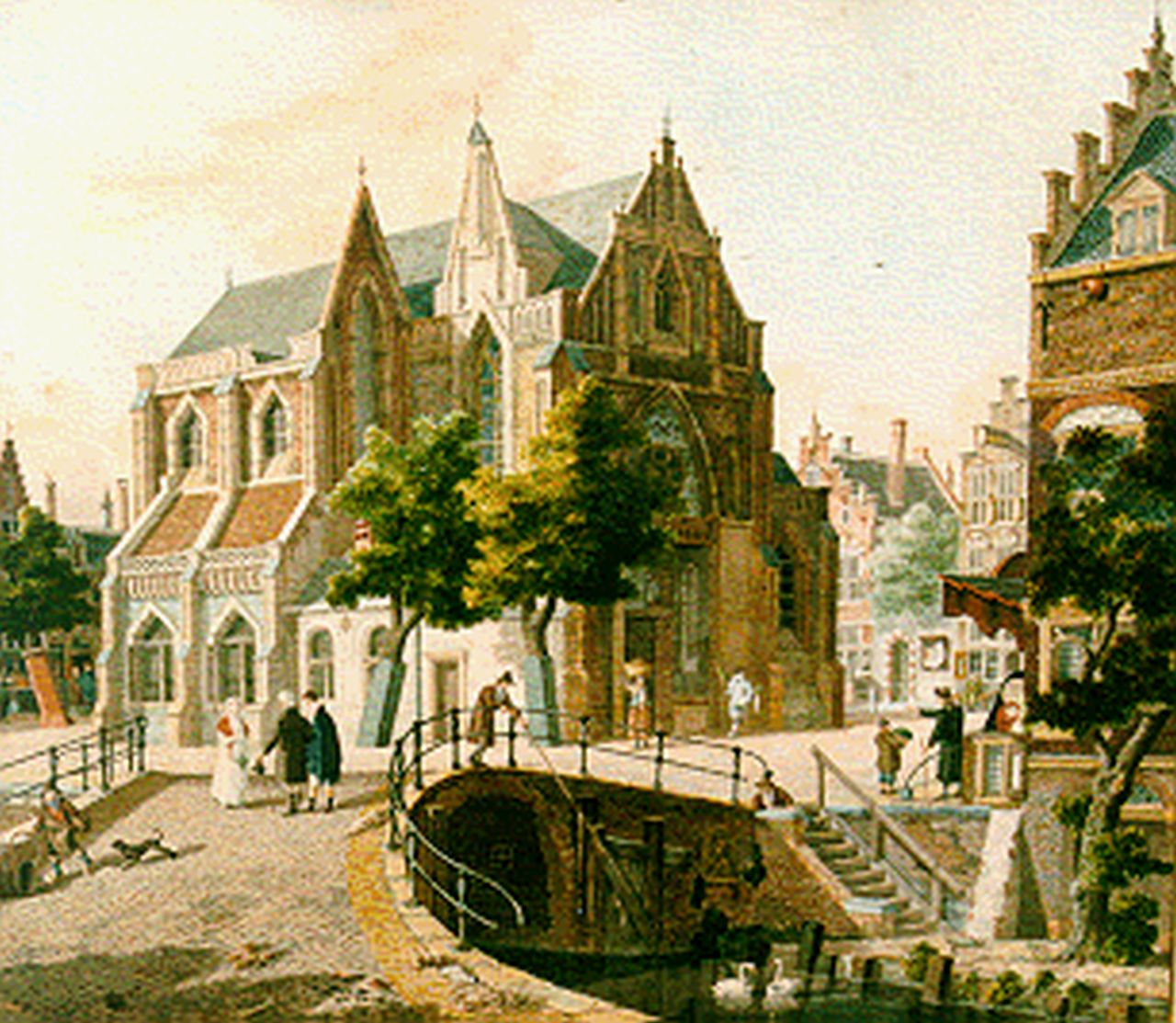 Verheijen J.H. | Jan Hendrik Verheijen, Stadsgezicht met wandelaars, aquarel op papier 36,0 x 41,5 cm, gesigneerd middenonder en gedateerd 1811 Verheijen J.H. | Jan Hendrik Verheijen, Stadsgezicht met wandelaars, aquarel op papier 36,0 x 41,5 cm, gesigneerd middenonder en gedateerd 1811