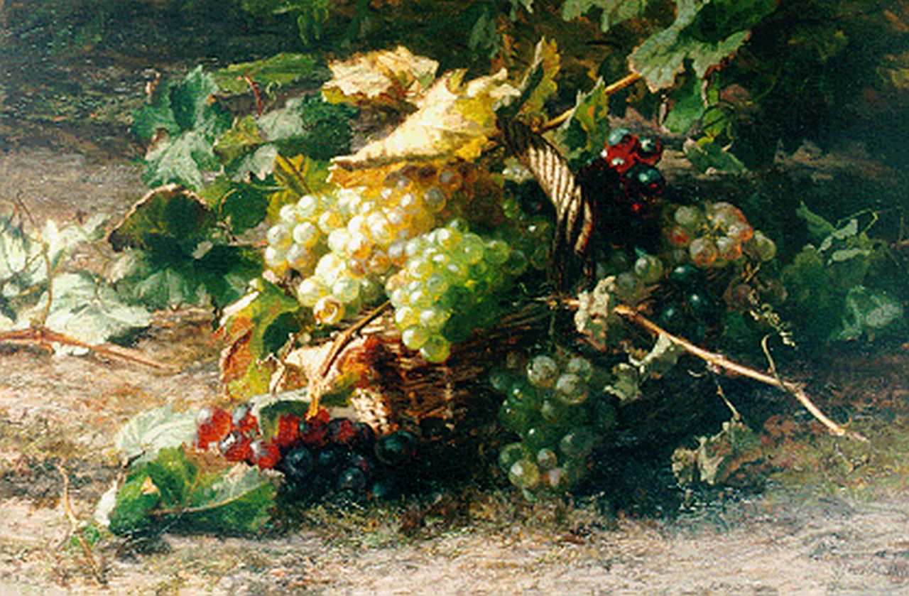 Sande Bakhuyzen G.J. van de | 'Gerardine' Jacoba van de Sande Bakhuyzen, Fruitstilleven met druiven en ranken in rieten mand, olieverf op doek 50,8 x 75,7 cm, gesigneerd rechtsonder Sande Bakhuyzen G.J. van de | 'Gerardine' Jacoba van de Sande Bakhuyzen, Fruitstilleven met druiven en ranken in rieten mand, olieverf op doek 50,8 x 75,7 cm, gesigneerd rechtsonder