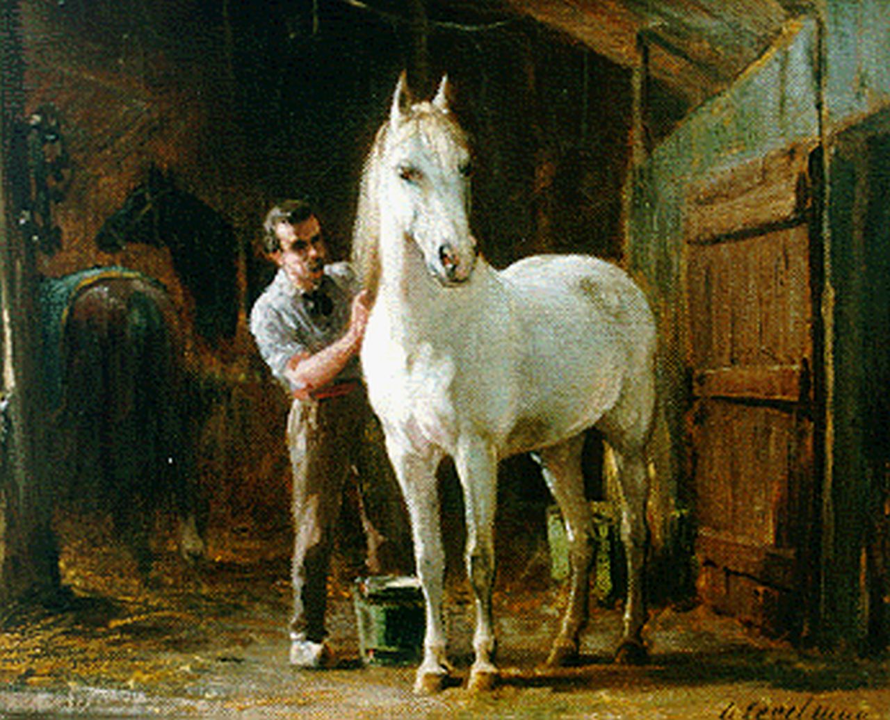Eerelman O. | Otto Eerelman, Schimmel met verzorger in de stal, olieverf op doek 24,0 x 29,2 cm, gesigneerd rechtsonder Eerelman O. | Otto Eerelman, Schimmel met verzorger in de stal, olieverf op doek 24,0 x 29,2 cm, gesigneerd rechtsonder