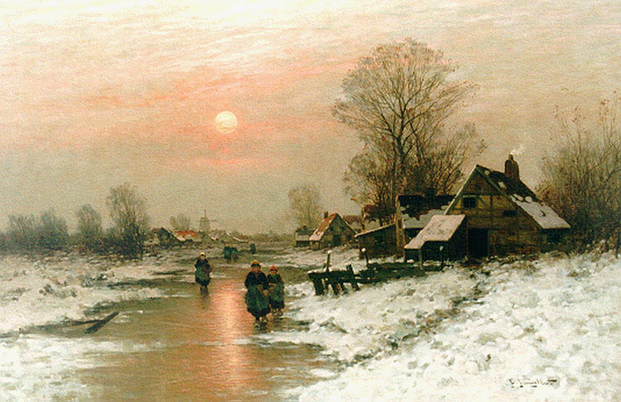 Jungblut J. | Johann Jungblut, Winterlandschap bij avond met figuren op het ijs, olieverf op doek 80,2 x 120,4 cm, gesigneerd rechtsonder Jungblut J. | Johann Jungblut, Winterlandschap bij avond met figuren op het ijs, olieverf op doek 80,2 x 120,4 cm, gesigneerd rechtsonder