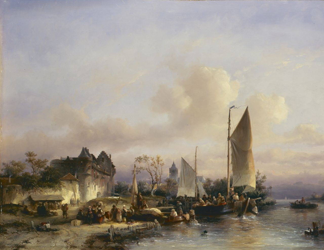 Verveer S.L.  | 'Salomon' Leonardus Verveer, Bedrijvigheid langs de rivieroever, olieverf op paneel 60,7 x 82,5 cm, gesigneerd linksonder en gedateerd '46