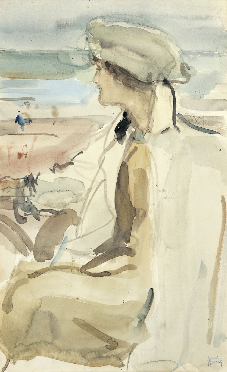 Israels I.L.  | 'Isaac' Lazarus Israels, Portret van Lola Cornero op een terras in Scheveningen, aquarel op papier 47,2 x 30,0 cm, gesigneerd rechtsonder en te dateren ca. 1919