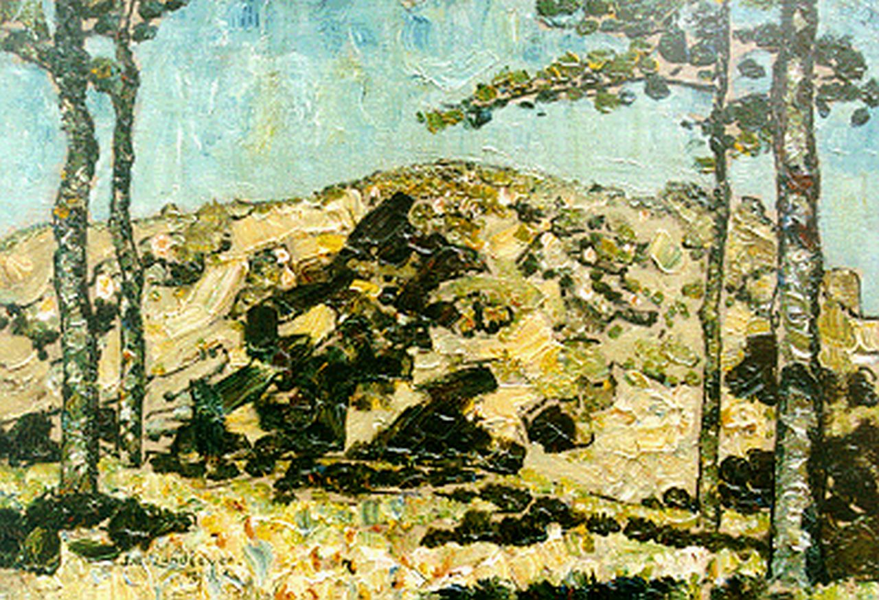 Zandleven J.A. | Jan Adam Zandleven, Bomen in een heuvellandschap, olieverf op doek op paneel 35,0 x 50,0 cm, gesigneerd linksonder en gedateerd 1914 Zandleven J.A. | Jan Adam Zandleven, Bomen in een heuvellandschap, olieverf op doek op paneel 35,0 x 50,0 cm, gesigneerd linksonder en gedateerd 1914