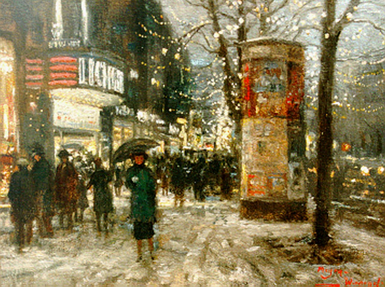 Meyer-Wiegand R.D. | Rolf Dieter Meyer-Wiegand, Winteravond in de Konigsallee, Düsseldorf, olieverf op doek op paneel 17,9 x 24,2 cm, gesigneerd rechtsonder Meyer-Wiegand R.D. | Rolf Dieter Meyer-Wiegand, Winteravond in de Konigsallee, Düsseldorf, olieverf op doek op paneel 17,9 x 24,2 cm, gesigneerd rechtsonder