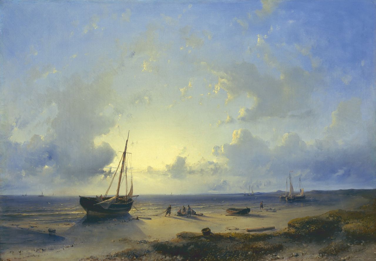 Hulk A.  | Abraham Hulk, Hollands strandgezicht bij zonsondergang, olieverf op doek 43,4 x 61,2 cm, gesigneerd rechtsonder