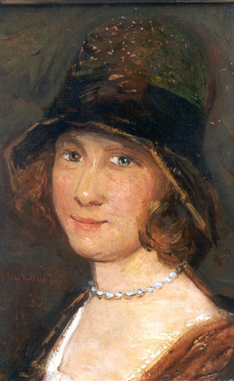 Maris S.W. | Simon Willem Maris, Jonge vrouw met pothoedje, olieverf op paneel 21,6 x 14,6 cm, gesigneerd linksonder Maris S.W. | Simon Willem Maris, Jonge vrouw met pothoedje, olieverf op paneel 21,6 x 14,6 cm, gesigneerd linksonder