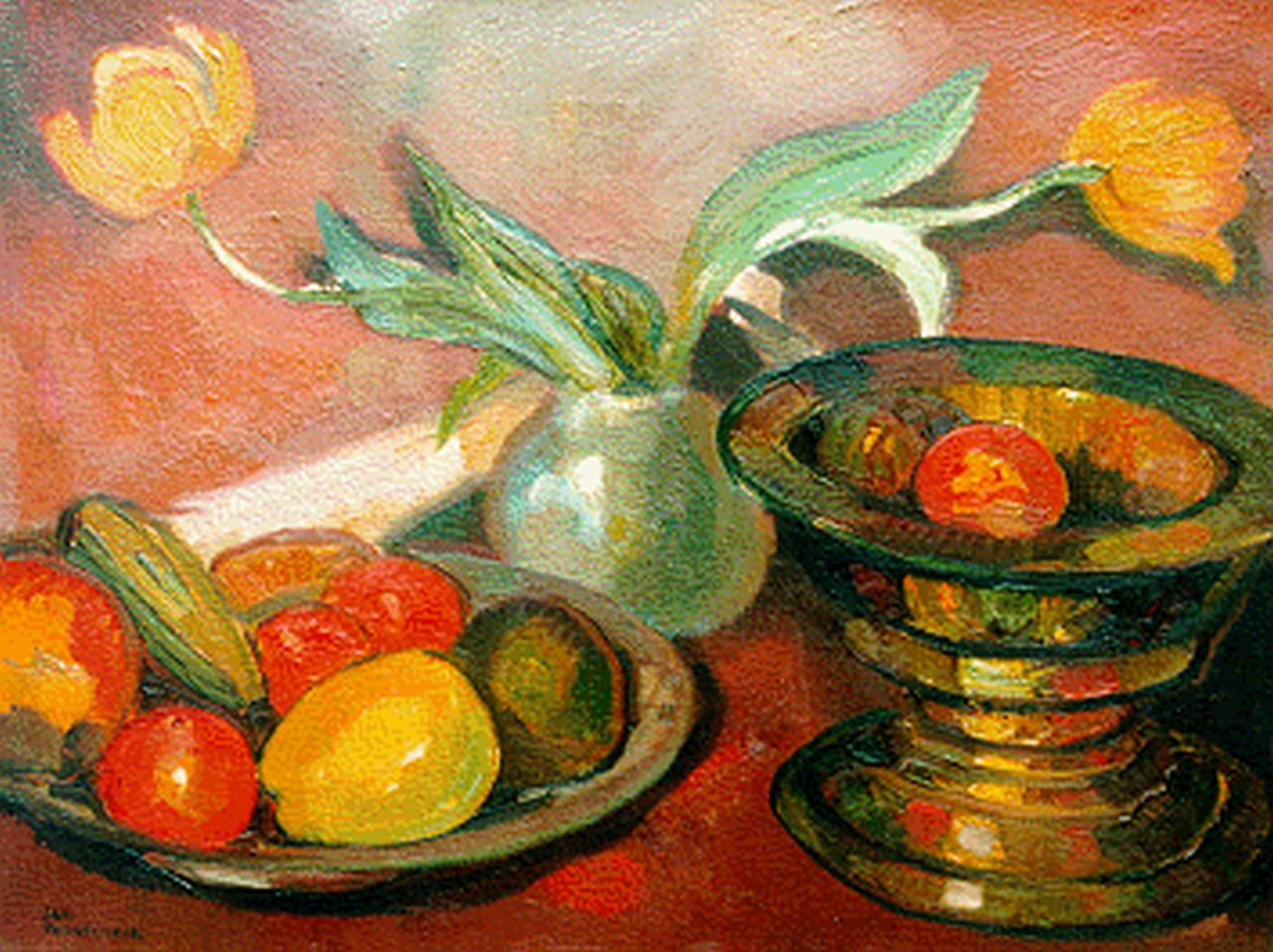 Poortenaar J.C. | 'Jan' Christiaan Poortenaar, Stilleven met tulpen, olieverf op doek 40,5 x 52,2 cm, gesigneerd linksonder Poortenaar J.C. | 'Jan' Christiaan Poortenaar, Stilleven met tulpen, olieverf op doek 40,5 x 52,2 cm, gesigneerd linksonder