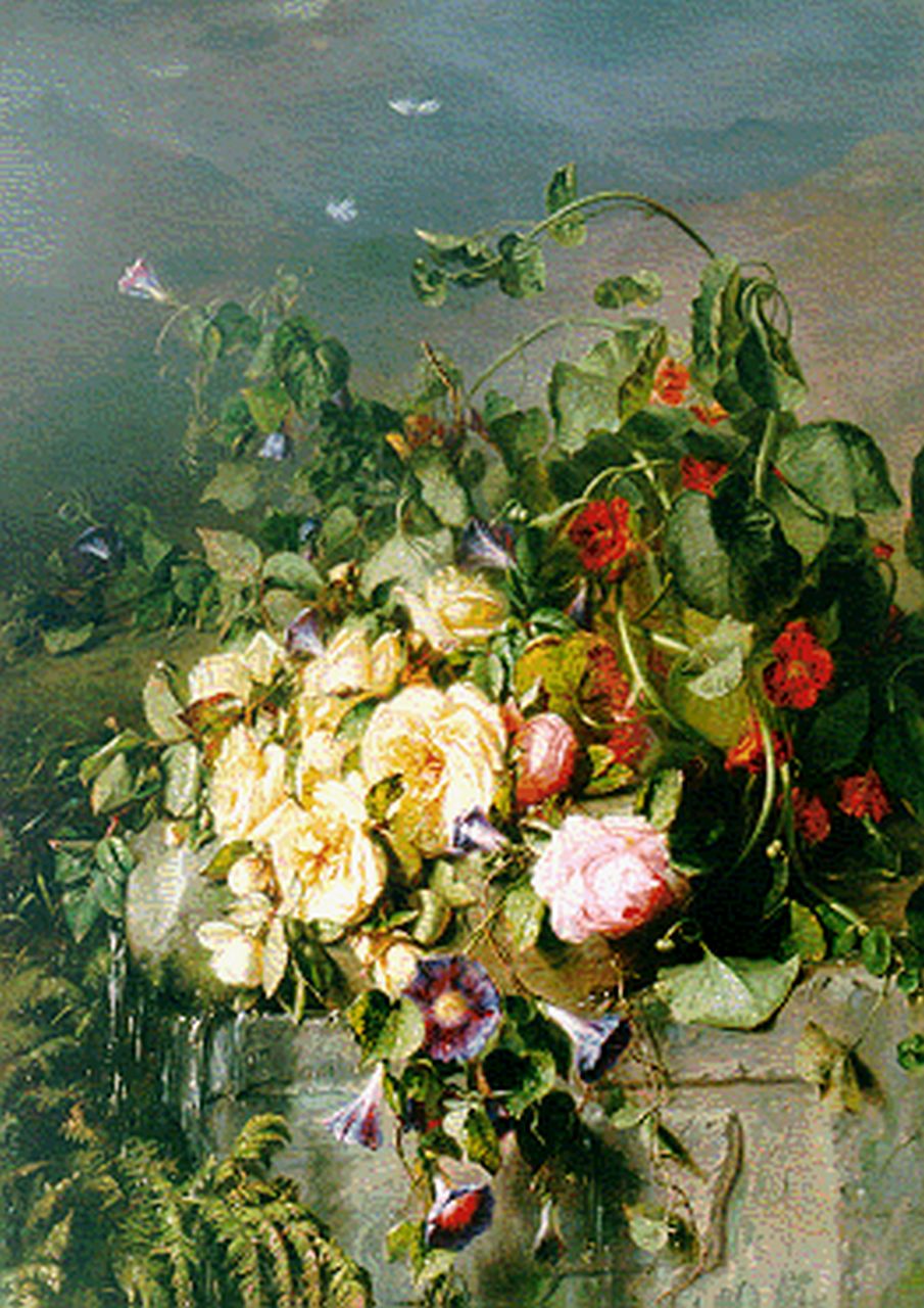 Haanen A.J. | 'Adriana' Johanna Haanen, Stilleven van rozen en een haagwinde, olieverf op doek 101,4 x 72,2 cm, gesigneerd rechtsonder Haanen A.J. | 'Adriana' Johanna Haanen, Stilleven van rozen en een haagwinde, olieverf op doek 101,4 x 72,2 cm, gesigneerd rechtsonder