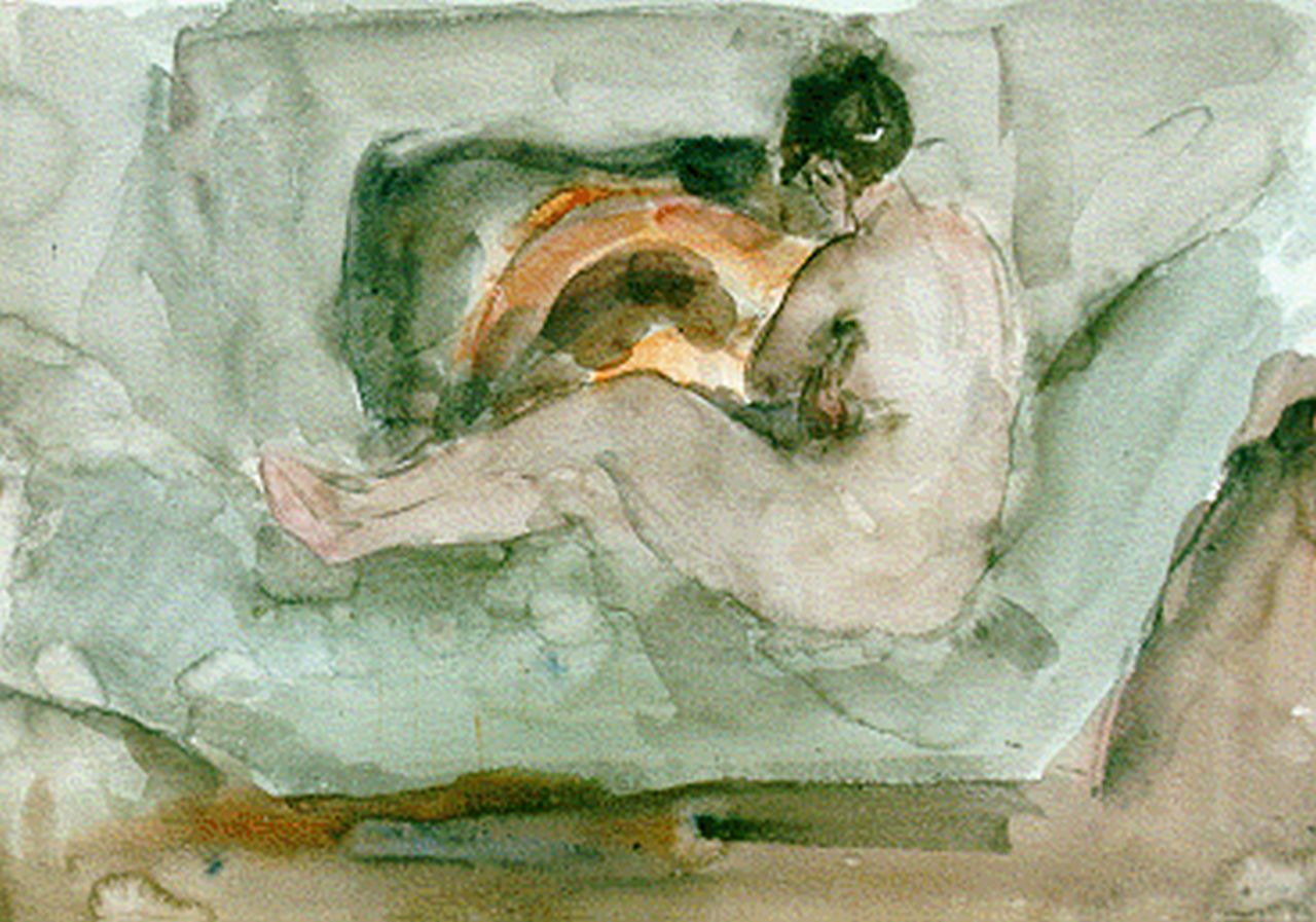 Israels I.L.  | 'Isaac' Lazarus Israels, Naakt op divan voor de haard, aquarel op papier 35,4 x 50,6 cm, te dateren 1930