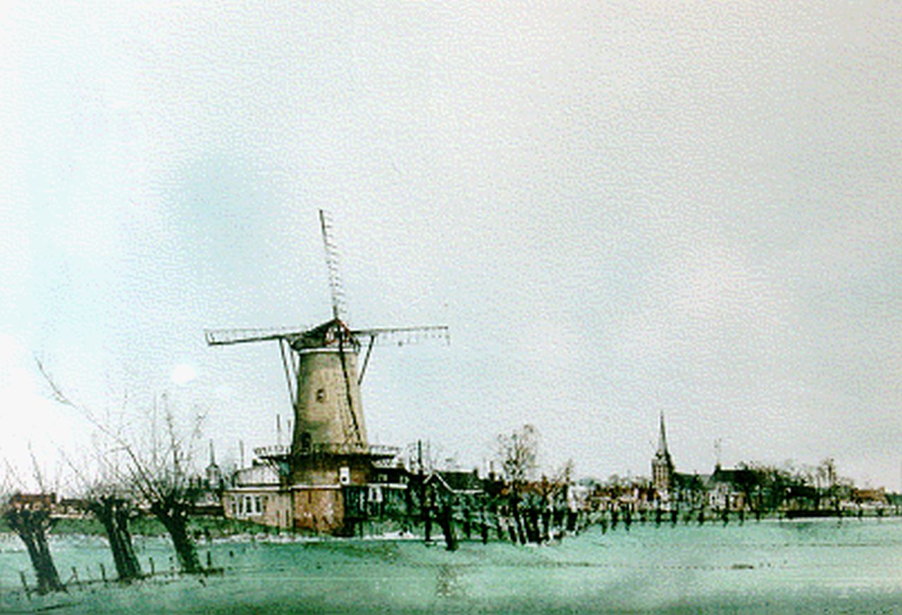 Siewert F. | Feliciano 'Ciano' Siewert, Landschap met molen, gemengde techniek op papier 62,5 x 44,5 cm, gesigneerd rechtsonder en gedateerd '86 Siewert F. | Feliciano 'Ciano' Siewert, Landschap met molen, gemengde techniek op papier 62,5 x 44,5 cm, gesigneerd rechtsonder en gedateerd '86