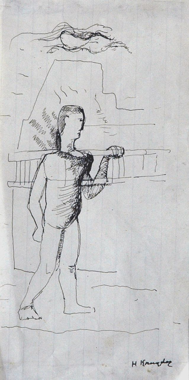 Kruyder H.J. | 'Herman' Justus Kruyder, Man met ladder, pen en inkt op papier 19,4 x 9,7 cm, gesigneerd rechtsonder Kruyder H.J. | 'Herman' Justus Kruyder, Man met ladder, pen en inkt op papier 19,4 x 9,7 cm, gesigneerd rechtsonder