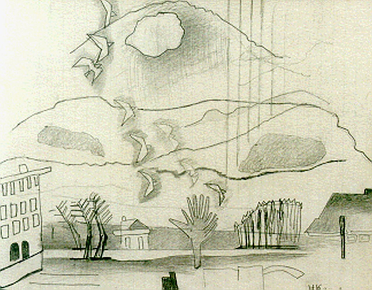 Kruyder H.J. | 'Herman' Justus Kruyder, Landschap met opvliegende vogels, potlood op papier 19,7 x 24,8 cm, gesigneerd rechtsonder Kruyder H.J. | 'Herman' Justus Kruyder, Landschap met opvliegende vogels, potlood op papier 19,7 x 24,8 cm, gesigneerd rechtsonder