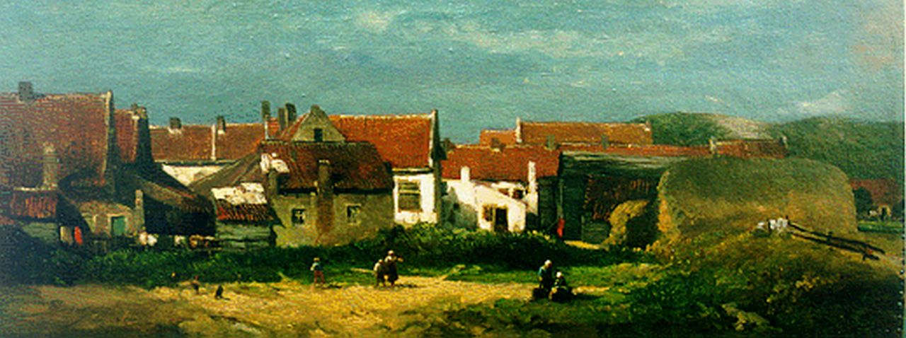Verveer S.L.  | 'Salomon' Leonardus Verveer, Dorpje achter de duinen, olieverf op doek op schildersboard 19,0 x 47,0 cm, gesigneerd linksonder