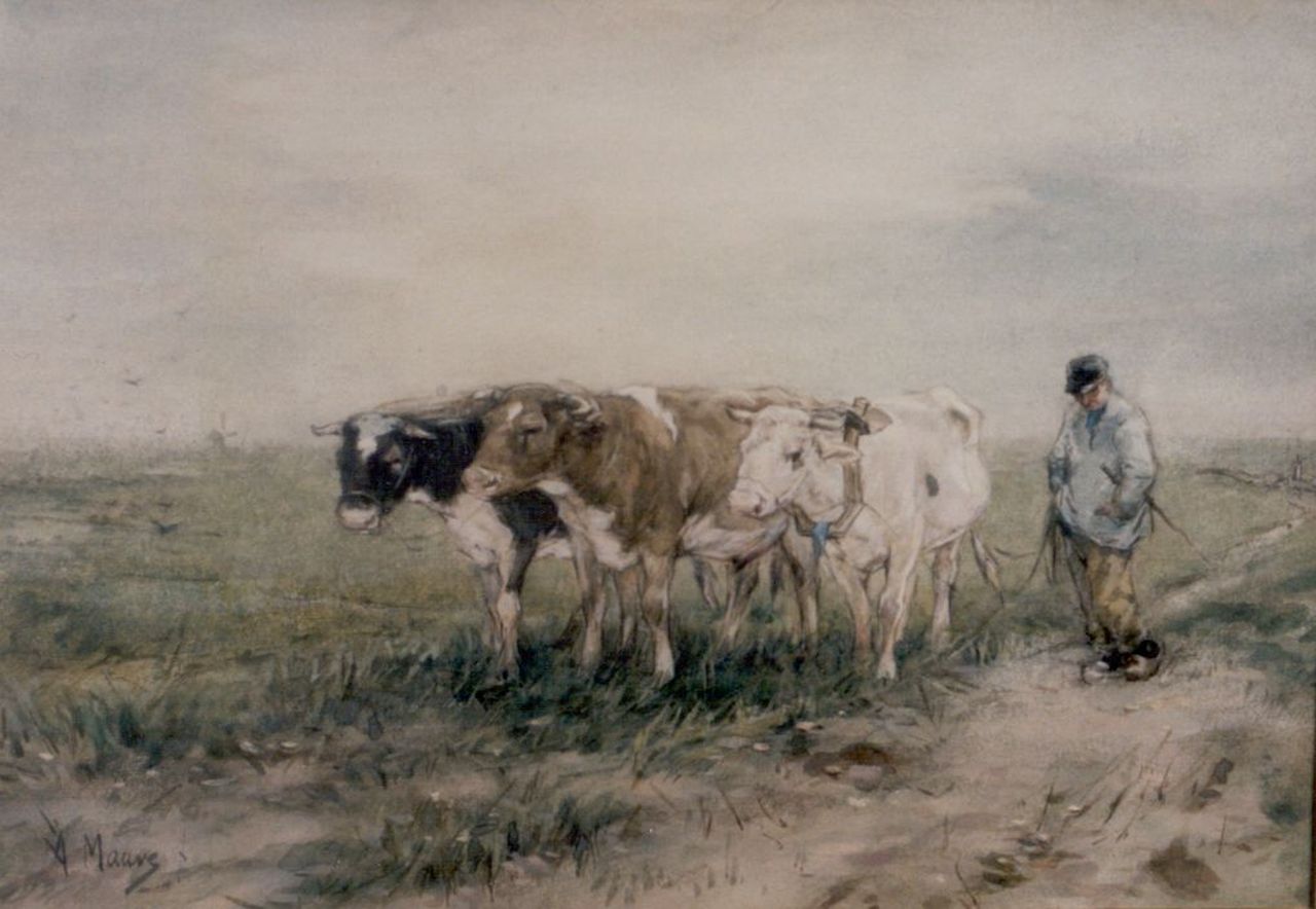 Mauve A. | Anthonij 'Anton' Mauve, Boer met zijn span ossen, aquarel op papier 22,5 x 32,5 cm, gesigneerd linksonder Mauve A. | Anthonij 'Anton' Mauve, Boer met zijn span ossen, aquarel op papier 22,5 x 32,5 cm, gesigneerd linksonder
