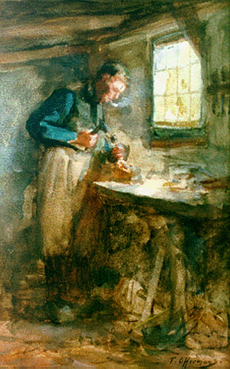 Offermans A.L.G. | Anton Lodewijk George 'Tony' Offermans, De klompenmaker, aquarel op papier 26,5 x 17,5 cm, gesigneerd rechtsonder Offermans A.L.G. | Anton Lodewijk George 'Tony' Offermans, De klompenmaker, aquarel op papier 26,5 x 17,5 cm, gesigneerd rechtsonder