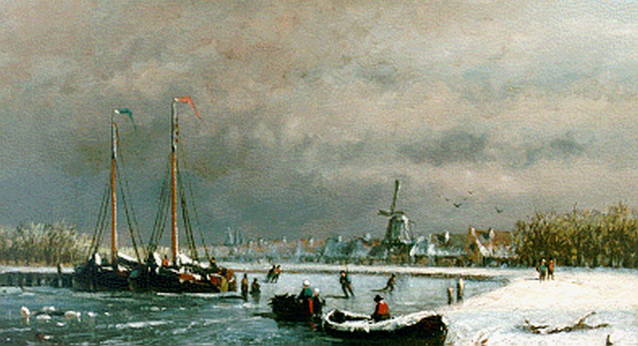 Hulk H. | Hendrik Hulk, Winters riviergezicht met afgemeerde boten, olieverf op doek 18,2 x 30,0 cm, gesigneerd rechtsonder Hulk H. | Hendrik Hulk, Winters riviergezicht met afgemeerde boten, olieverf op doek 18,2 x 30,0 cm, gesigneerd rechtsonder