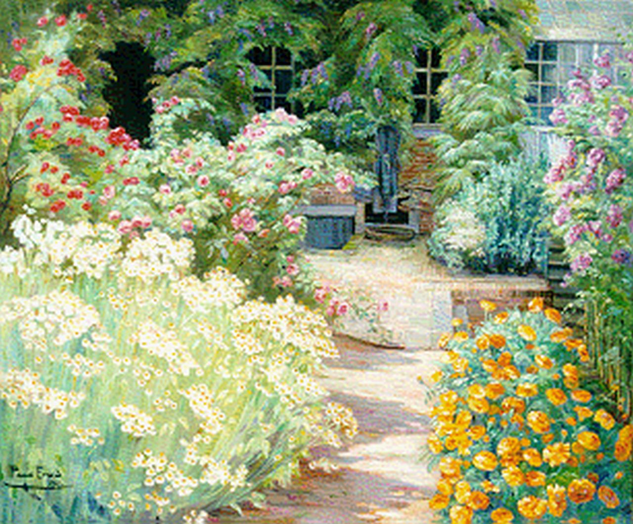 Evrard P.  | Paula Evrard, Bloementuin, olieverf op doek 100,0 x 119,5 cm, gesigneerd linksonder en gedateerd 1927