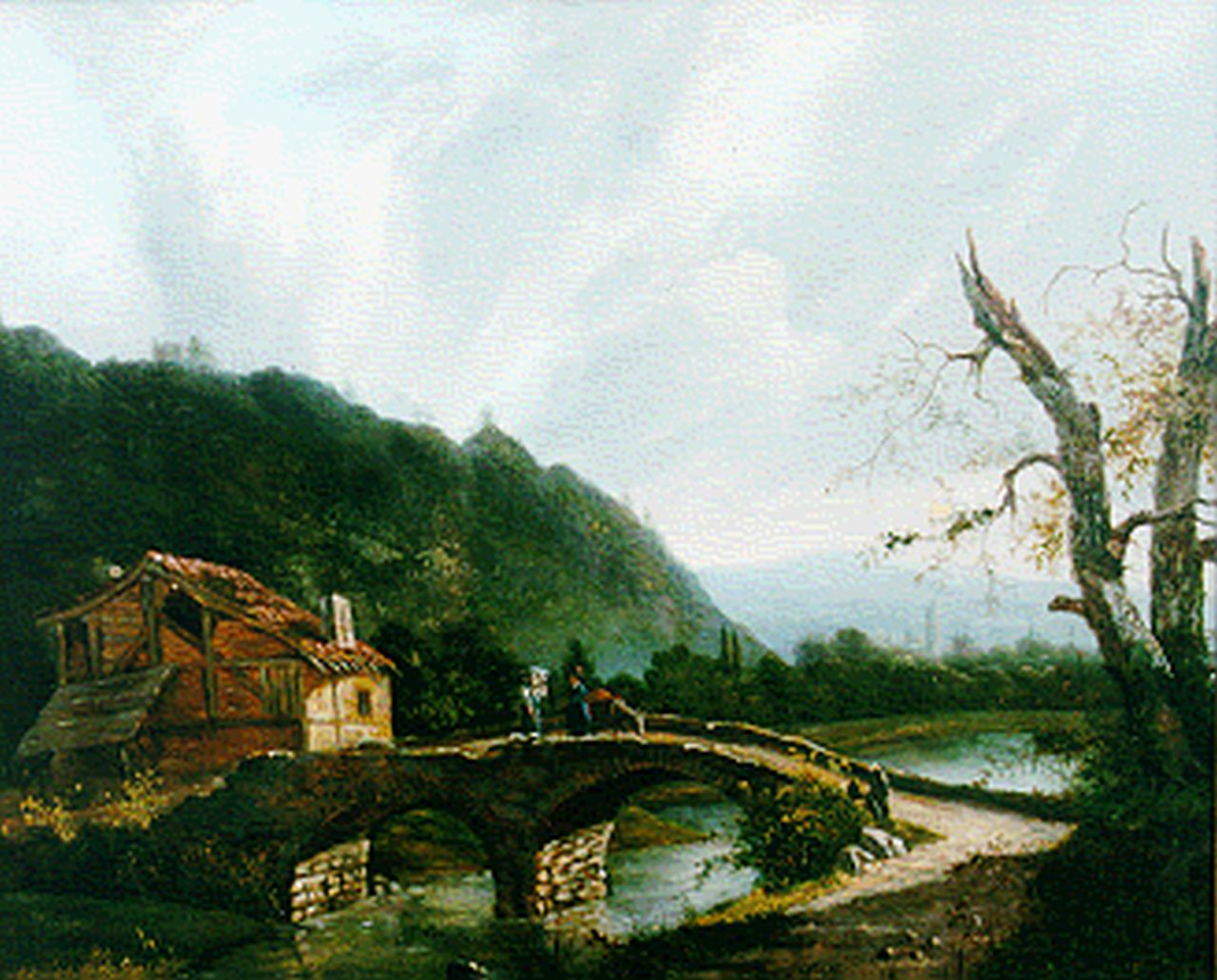 Nooteboom J.H.J. | Jacobus Hendricus Johannes Nooteboom, Berglandschap met figuren op een brug, olieverf op paneel 35,3 x 43,1 cm, gesigneerd rechtsonder Nooteboom J.H.J. | Jacobus Hendricus Johannes Nooteboom, Berglandschap met figuren op een brug, olieverf op paneel 35,3 x 43,1 cm, gesigneerd rechtsonder