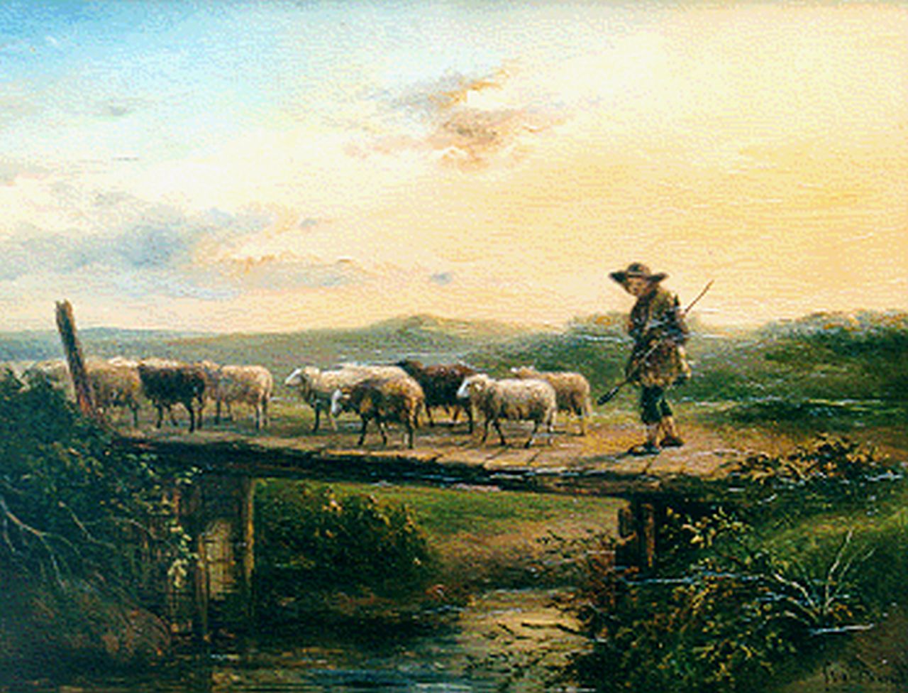 Berg S. van den | Simon van den Berg, Herder met kudde schapen, olieverf op paneel 24,0 x 31,3 cm, gesigneerd rechtsonder Berg S. van den | Simon van den Berg, Herder met kudde schapen, olieverf op paneel 24,0 x 31,3 cm, gesigneerd rechtsonder