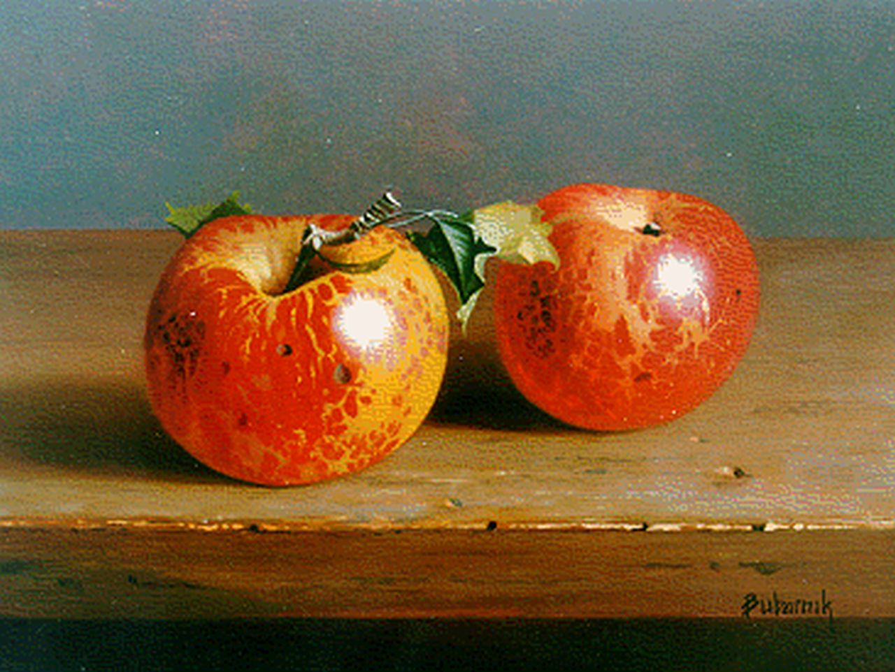 Bubarnik A.G. | Andreas Gyula Bubarnik, Stilleven met appels, olieverf op paneel 17,9 x 23,9 cm, gesigneerd rechtsonder Bubarnik A.G. | Andreas Gyula Bubarnik, Stilleven met appels, olieverf op paneel 17,9 x 23,9 cm, gesigneerd rechtsonder