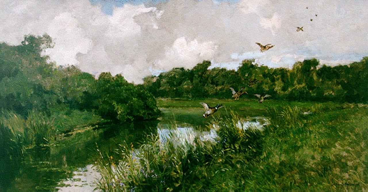 Mastenbroek J.H. van | Johan Hendrik van Mastenbroek, Opvliegende eenden, olieverf op doek 68,4 x 128,5 cm, gesigneerd rechtsonder en gedateerd 1936 Mastenbroek J.H. van | Johan Hendrik van Mastenbroek, Opvliegende eenden, olieverf op doek 68,4 x 128,5 cm, gesigneerd rechtsonder en gedateerd 1936