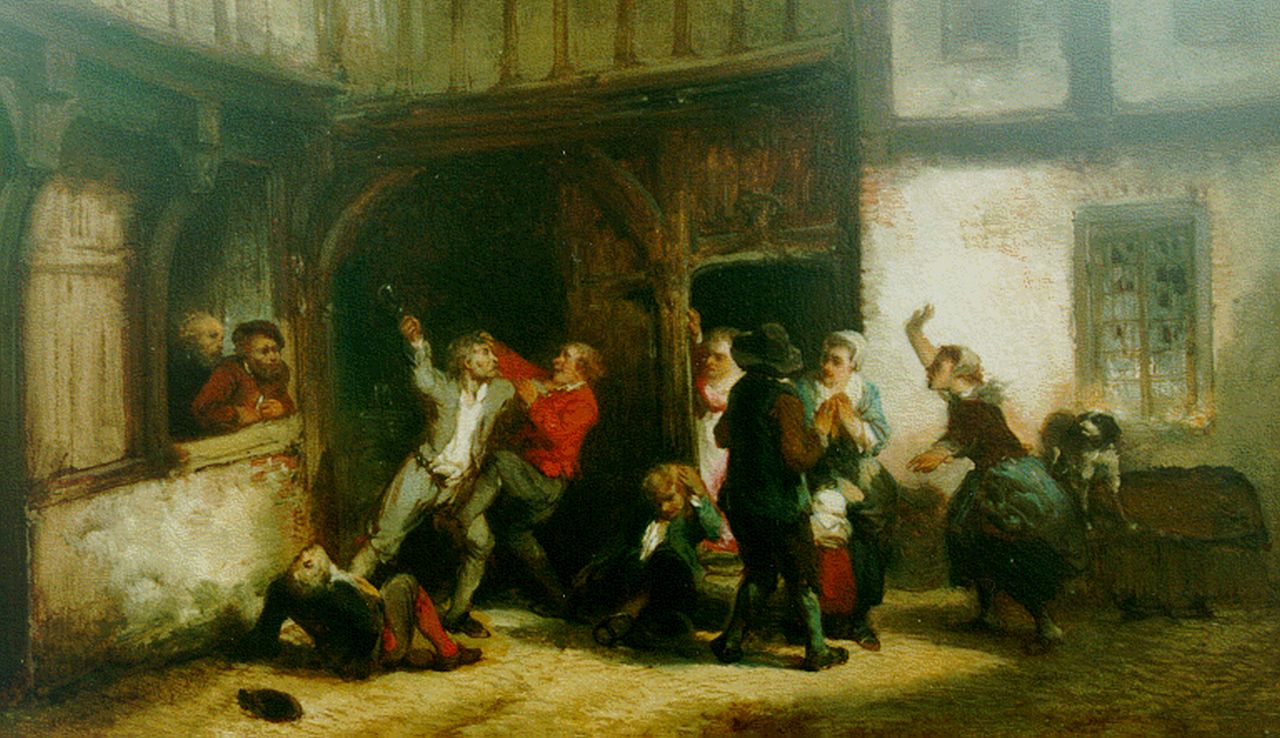 Kate H.F.C. ten | 'Herman' Frederik Carel ten Kate, Straatgevecht buiten de herberg, olieverf op paneel 14,7 x 24,8 cm, gesigneerd linksonder