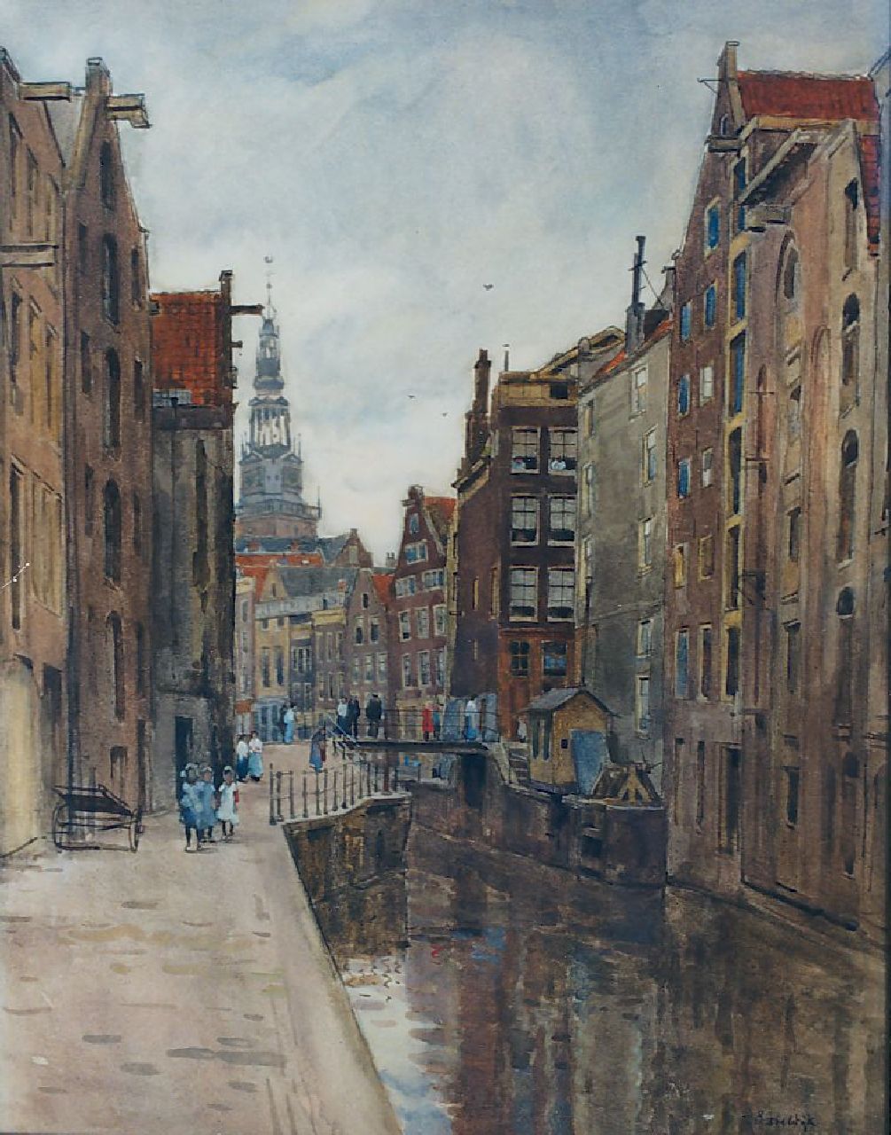Bobeldijk F.  | Felicien Bobeldijk, Oude Kolk te Amsterdam met op achtergrond Montelbaanstoren, aquarel op papier 57,5 x 44,5 cm, gesigneerd rechtsonder en gedateerd '19