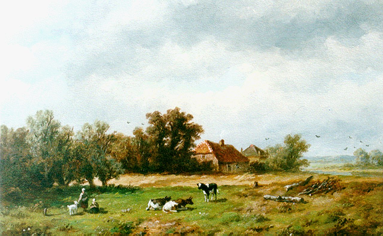 Wijngaerdt A.J. van | Anthonie Jacobus van Wijngaerdt, Boerenmeisjes met vee in een landschap, olieverf op paneel 23,6 x 36,0 cm, gesigneerd rechtsonder Wijngaerdt A.J. van | Anthonie Jacobus van Wijngaerdt, Boerenmeisjes met vee in een landschap, olieverf op paneel 23,6 x 36,0 cm, gesigneerd rechtsonder