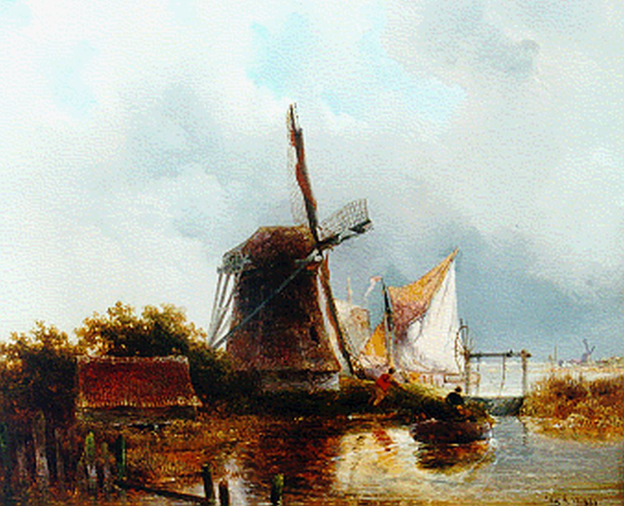 Roelofs W. | Willem Roelofs, Rivierlandschap met molen, olieverf op paneel 23,7 x 28,8 cm, gesigneerd rechtsonder monogram en gedateerd 1841 Roelofs W. | Willem Roelofs, Rivierlandschap met molen, olieverf op paneel 23,7 x 28,8 cm, gesigneerd rechtsonder monogram en gedateerd 1841
