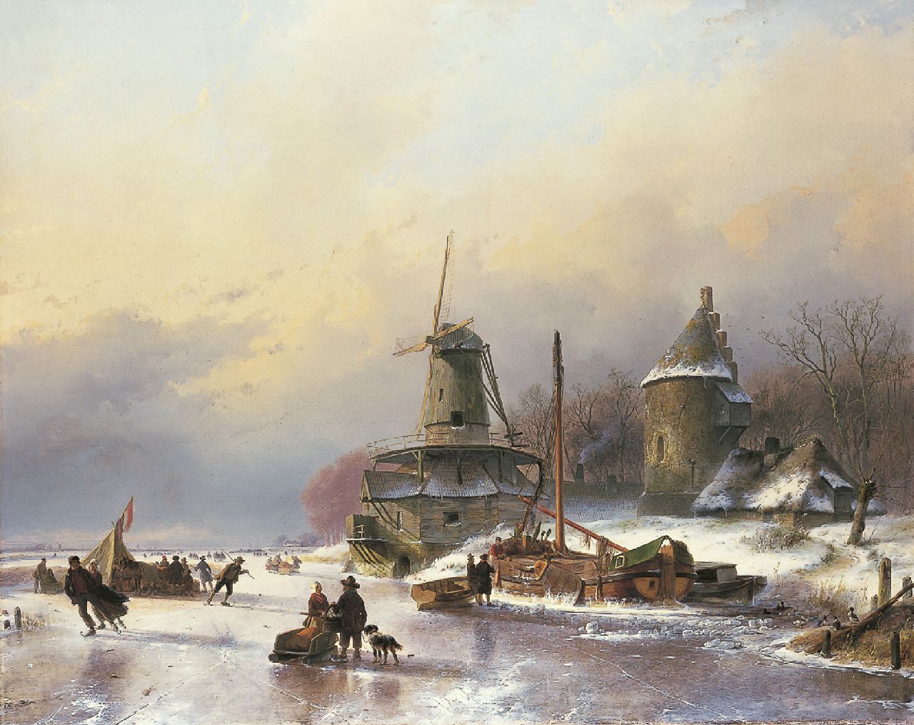 Schelfhout A.  | Andreas Schelfhout, IJsvertier aan de voet van een molen, olieverf op doek 88,7 x 110,7 cm, gesigneerd rechtsonder en gedateerd 1839