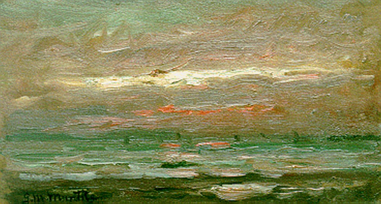 Munthe G.A.L. | Gerhard Arij Ludwig 'Morgenstjerne' Munthe, Zeegezicht bij avondschemer, olieverf op paneel 12,0 x 21,2 cm, gesigneerd linksonder Munthe G.A.L. | Gerhard Arij Ludwig 'Morgenstjerne' Munthe, Zeegezicht bij avondschemer, olieverf op paneel 12,0 x 21,2 cm, gesigneerd linksonder