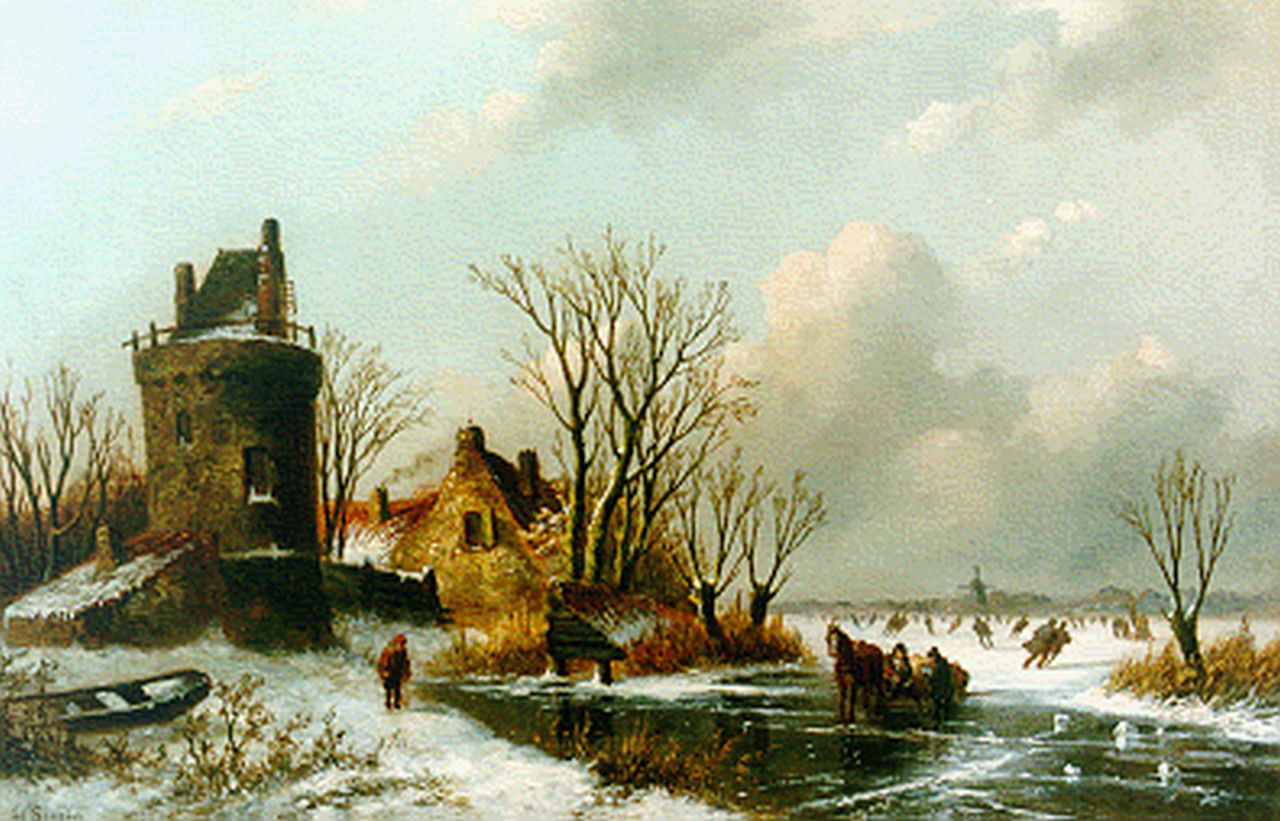 Sierich L.C.  | Ludwig Casimir 'Louis' Sierich, Schaatsers langs de dorpsrand, olieverf op paneel 24,7 x 38,5 cm, gesigneerd linksonder