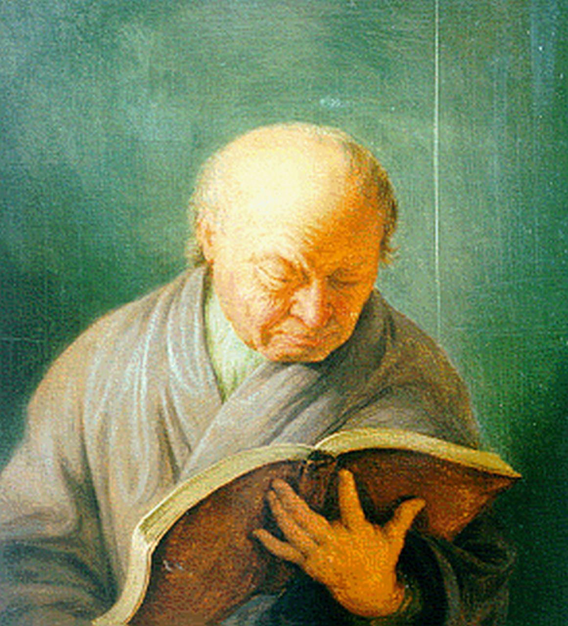 Mieris de Jonge F. van | Frans van Mieris de Jonge, Oude man met boek, olieverf op paneel 18,2 x 16,8 cm, gesigneerd verso en gedateerd 1740 Mieris de Jonge F. van | Frans van Mieris de Jonge, Oude man met boek, olieverf op paneel 18,2 x 16,8 cm, gesigneerd verso en gedateerd 1740