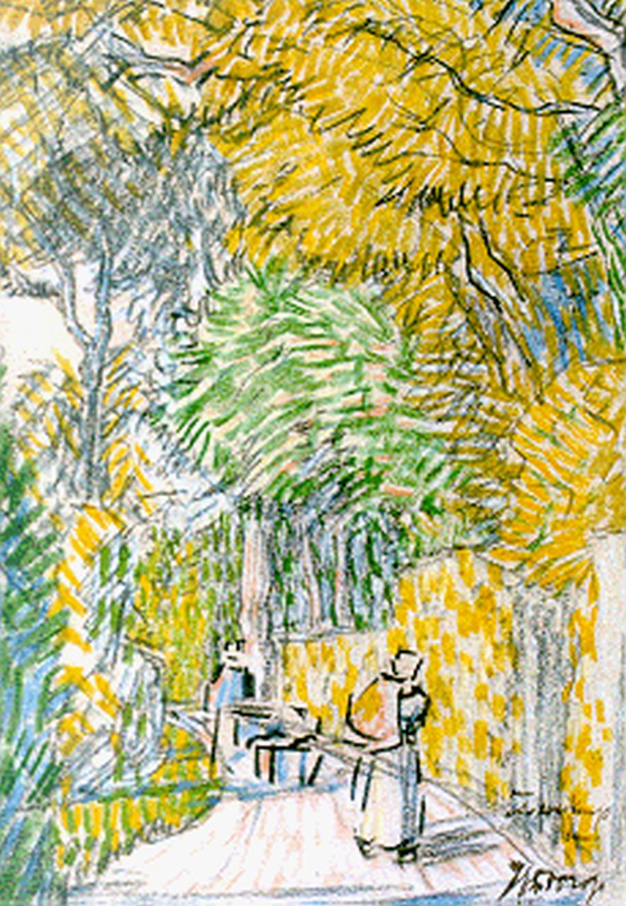 Toorop J.Th. | Johannes Theodorus 'Jan' Toorop, Laantje met wandelaars, gekleurd krijt op papier 15,6 x 11,2 cm, gesigneerd rechtsonder Toorop J.Th. | Johannes Theodorus 'Jan' Toorop, Laantje met wandelaars, gekleurd krijt op papier 15,6 x 11,2 cm, gesigneerd rechtsonder
