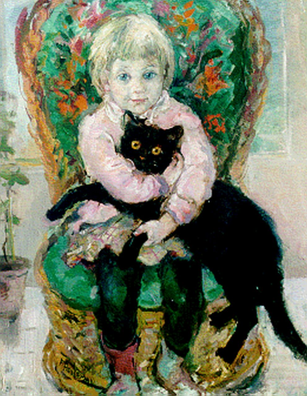 Holleman F. | Frida Holleman, Meisje met zwarte kater op schoot, olieverf op paneel 50,0 x 40,0 cm, gesigneerd linksonder Holleman F. | Frida Holleman, Meisje met zwarte kater op schoot, olieverf op paneel 50,0 x 40,0 cm, gesigneerd linksonder