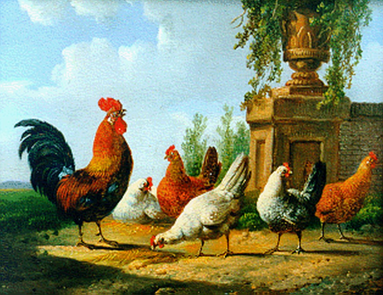 Verhoesen A. | Albertus Verhoesen, Haan met vijf kippen bij een muurtje, olieverf op paneel (2 stuks) 12,8 x 15,4 cm Verhoesen A. | Albertus Verhoesen, Haan met vijf kippen bij een muurtje, olieverf op paneel (2 stuks) 12,8 x 15,4 cm