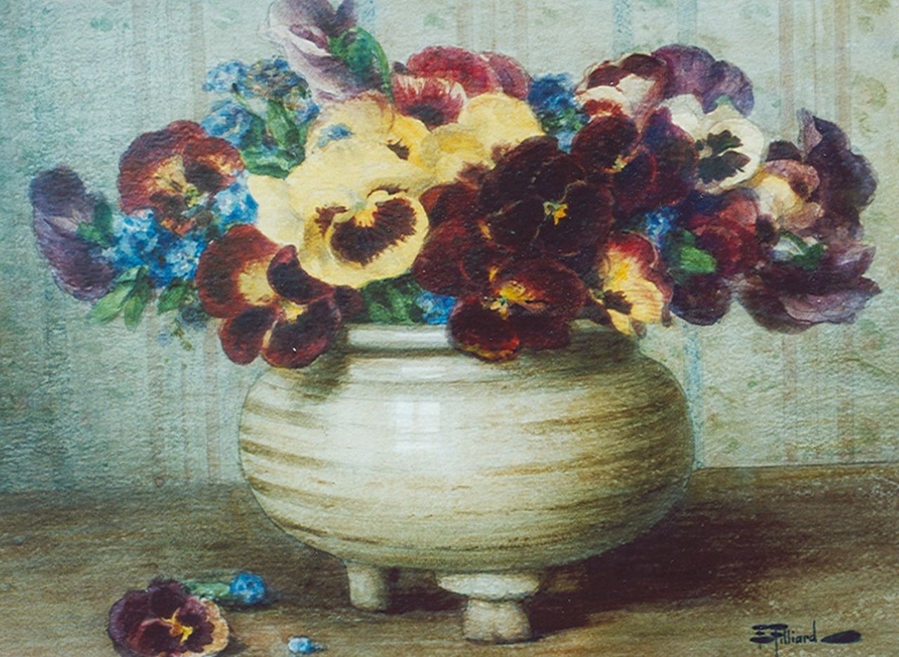 Filliard E.  | Ernest Filliard, Viooltjes in aardewerken pot, aquarel op papier 42,5 x 34,2 cm, gesigneerd rechtsonder