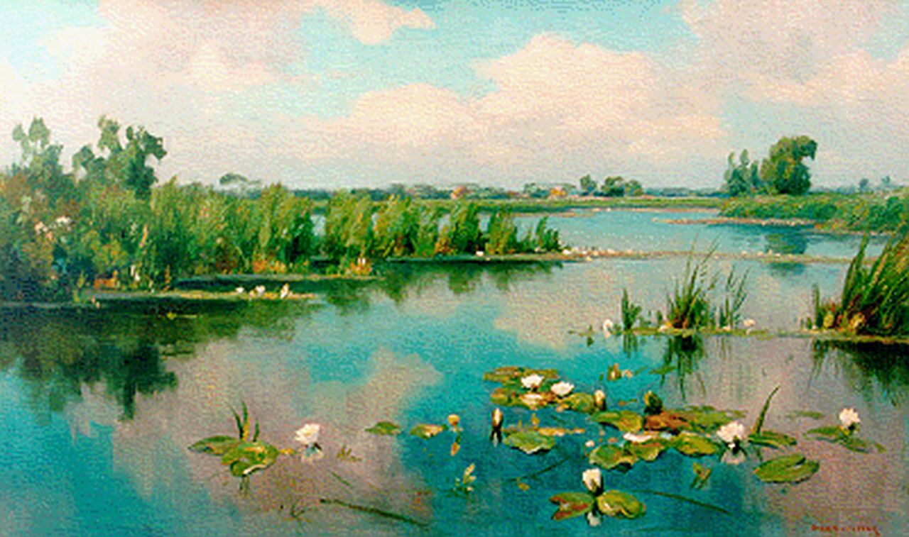 Beek B.A. van | Bernardus Antonie van Beek, Plasgezicht met waterlelies, olieverf op doek 54,8 x 90,3 cm, gesigneerd rechtsonder