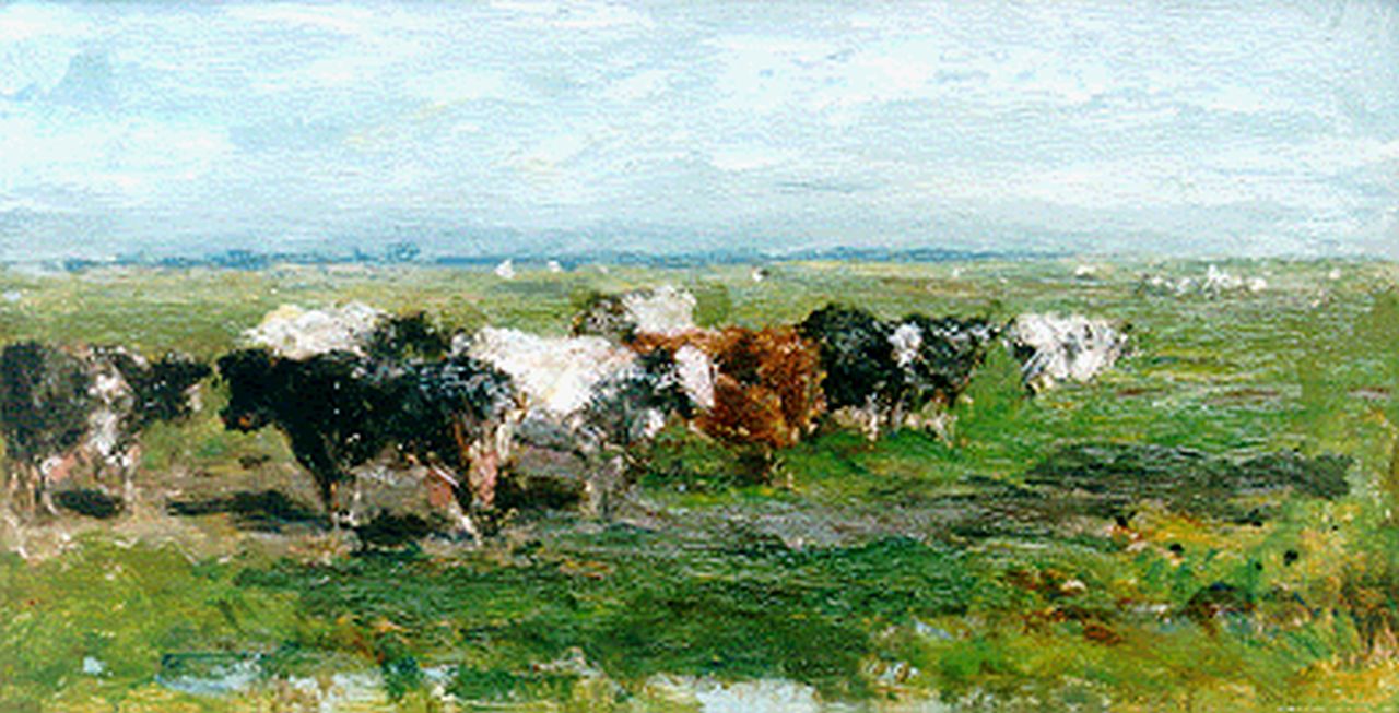 Roelofs W.  | Willem Roelofs, Vee in weidelandschap, olieverf op paneel 17,8 x 32,2 cm