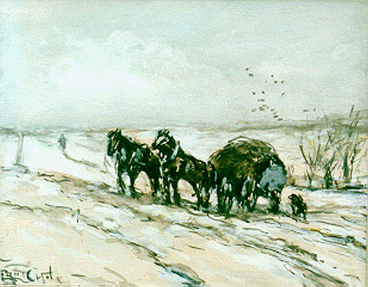 Apol L.F.H. | Lodewijk Franciscus Hendrik 'Louis' Apol, Hooiwagen op een besneeuwd pad, gouache op papier 11,5 x 14,7 cm, gesigneerd linksonder Apol L.F.H. | Lodewijk Franciscus Hendrik 'Louis' Apol, Hooiwagen op een besneeuwd pad, gouache op papier 11,5 x 14,7 cm, gesigneerd linksonder