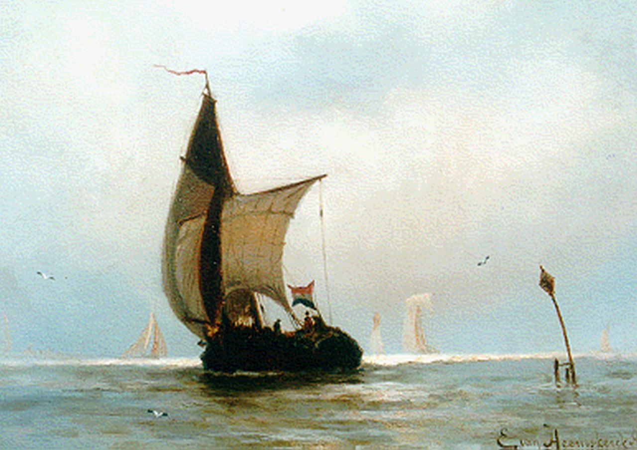 Heemskerck van Beest J.E. van | Jacob Eduard van Heemskerck van Beest, Platbodem op zee, olieverf op paneel 25,0 x 34,5 cm, gesigneerd rechtsonder
