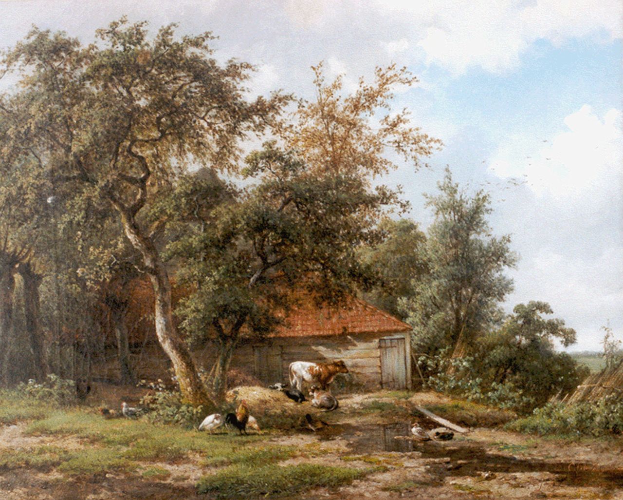 Vogel en Lebret C.J. de en F. | Cornelis Johannes de en Frans Vogel en Lebret, Vee en kippen bij een hoeve, olieverf op doek 46,8 x 57,0 cm, gesigneerd beide rechtsonder Vogel en Lebret C.J. de en F. | Cornelis Johannes de en Frans Vogel en Lebret, Vee en kippen bij een hoeve, olieverf op doek 46,8 x 57,0 cm, gesigneerd beide rechtsonder