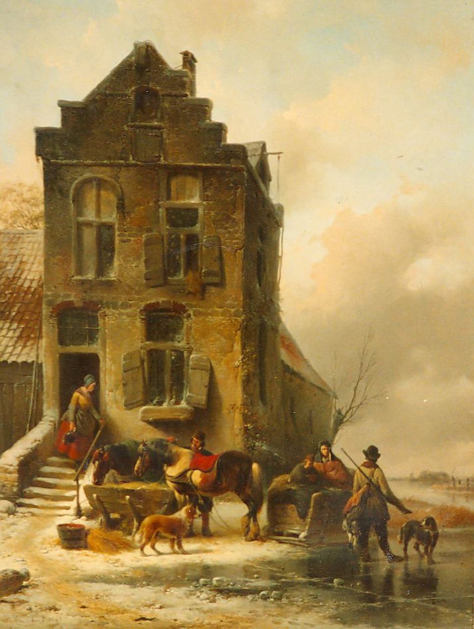 Moerenhout J.J. | Josephus Jodocus 'Joseph' Moerenhout, Pleisterplaats op een zonnige winterdag, olieverf op paneel 74,0 x 56,4 cm, gesigneerd linksonder en gedateerd 1842 Moerenhout J.J. | Josephus Jodocus 'Joseph' Moerenhout, Pleisterplaats op een zonnige winterdag, olieverf op paneel 74,0 x 56,4 cm, gesigneerd linksonder en gedateerd 1842