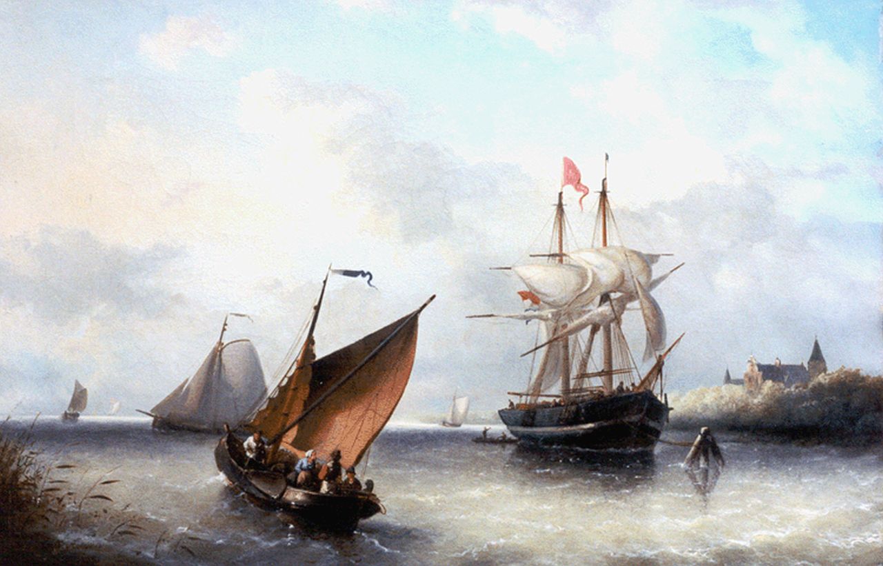 Riegen N. | Nicolaas Riegen, Schepen in een riviermonding, olieverf op doek 44,0 x 67,0 cm, gesigneerd linksonder Riegen N. | Nicolaas Riegen, Schepen in een riviermonding, olieverf op doek 44,0 x 67,0 cm, gesigneerd linksonder