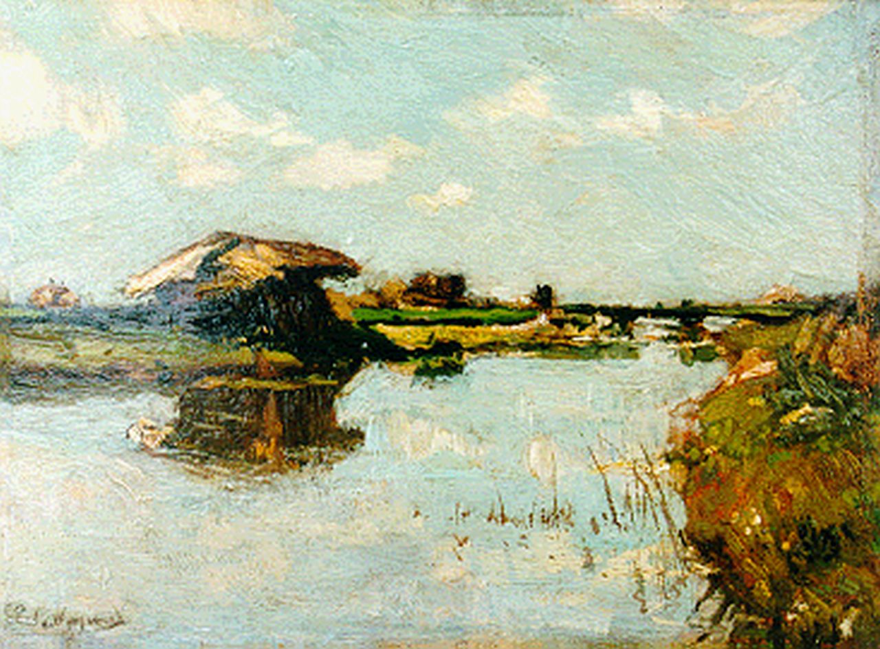 Wijngaerdt P.T. van | Petrus Theodorus 'Piet' van Wijngaerdt, Landschap bij Amstelveen, olieverf op paneel 12,3 x 16,7 cm, gesigneerd linksonder Wijngaerdt P.T. van | Petrus Theodorus 'Piet' van Wijngaerdt, Landschap bij Amstelveen, olieverf op paneel 12,3 x 16,7 cm, gesigneerd linksonder