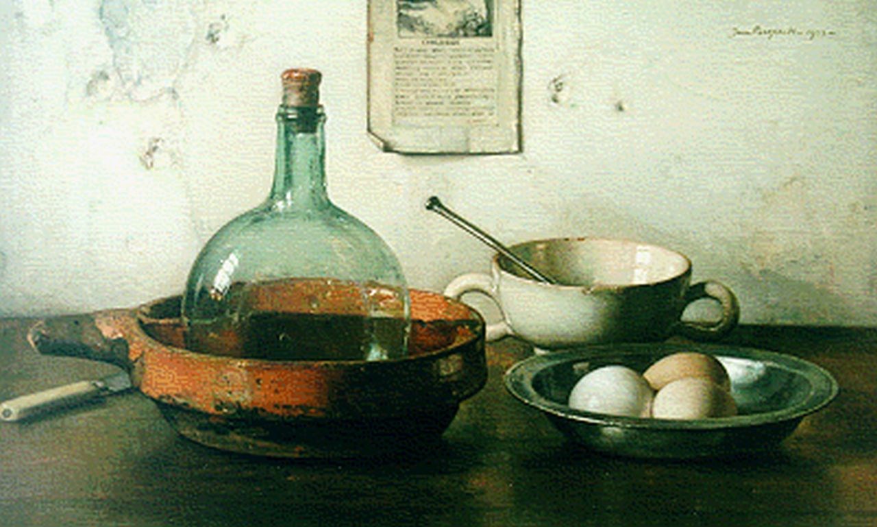 Bogaerts J.J.M. | Johannes Jacobus Maria 'Jan' Bogaerts, Stilleven met nap en eieren, olieverf op doek 39,9 x 65,1 cm, gesigneerd rechtsboven en gedateerd 1933 Bogaerts J.J.M. | Johannes Jacobus Maria 'Jan' Bogaerts, Stilleven met nap en eieren, olieverf op doek 39,9 x 65,1 cm, gesigneerd rechtsboven en gedateerd 1933